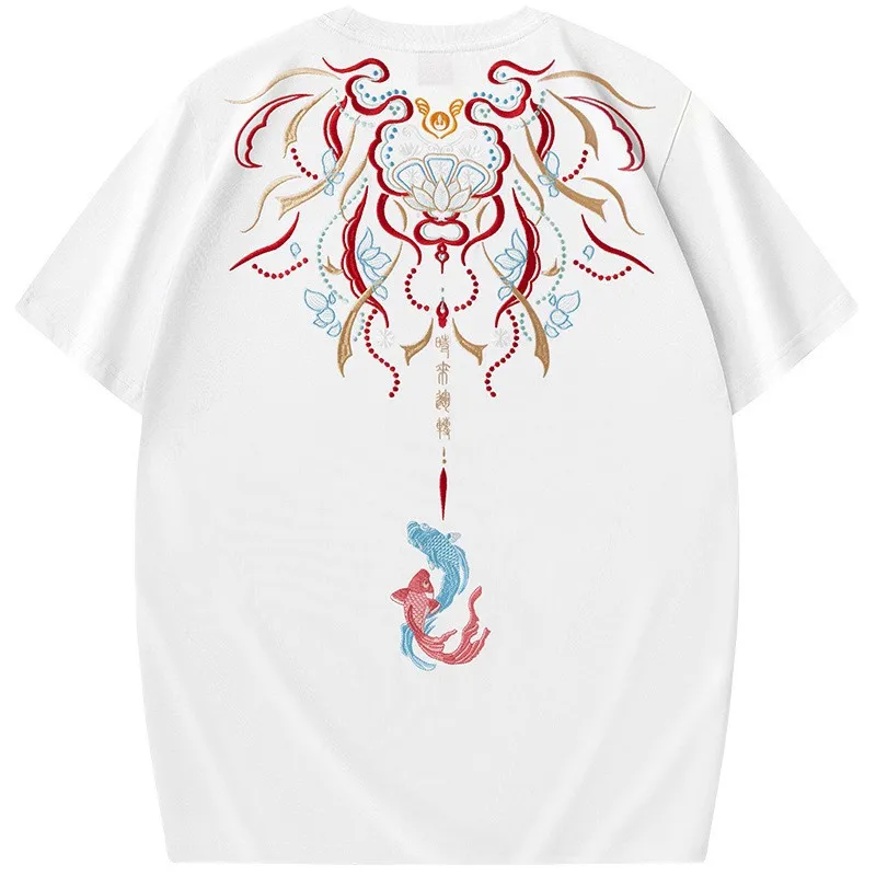 Men Brocade Carp Embroidered Tshirt Summer Pure Cotton Jersey Male Knitted Tops Short Sleeve T Shirt Sukajan Hip Hop Clothing