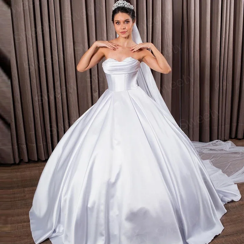 Elegante robe mariée cetim vestido de casamento cetim macio com pérolas vestido de baile sem alças vestidos de baile rendas até robe de marie