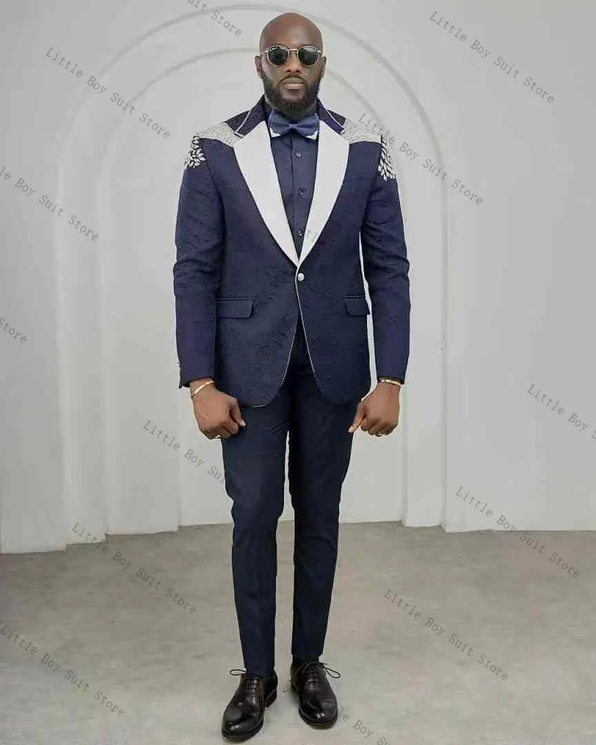 

Blue Men Suit Set 2 Pieces Jacket Blazer+Pants Trousers Appliqued Wedding Tuxedo Formal Office Party Coat Customized