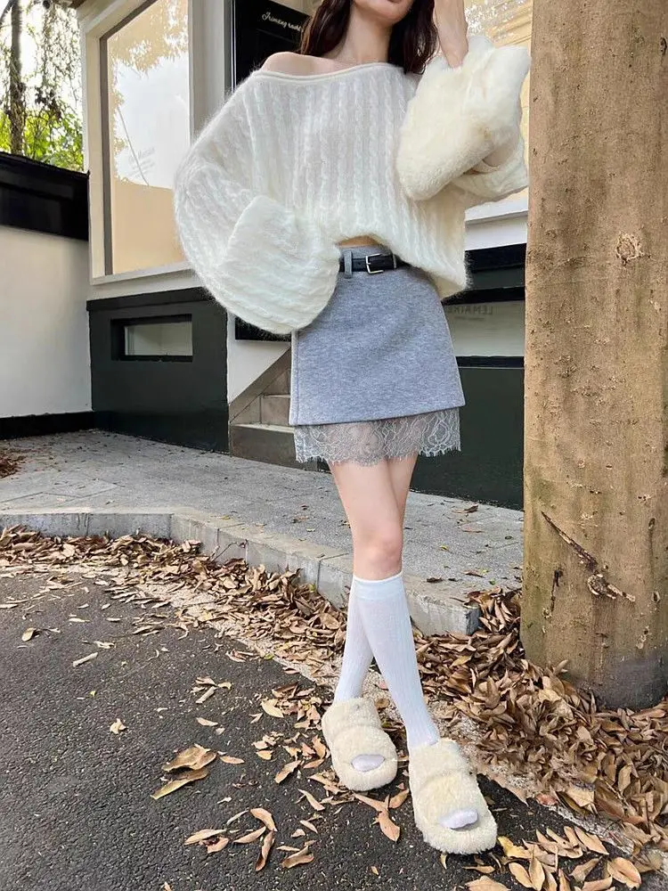2024 Autumn and Winter New Design Sense Patchwork Lace Edge Skirt Niche Versatile Casual Slimming