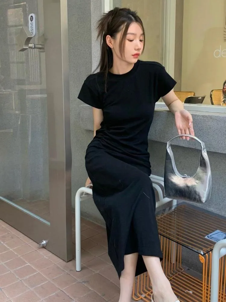 Dames Europese stijl afslankende T-shirtjurk Chique Ronde hals Bodycon Korte mouw Halverwege de kuit X-vorm Lente Zomer Veelzijdig