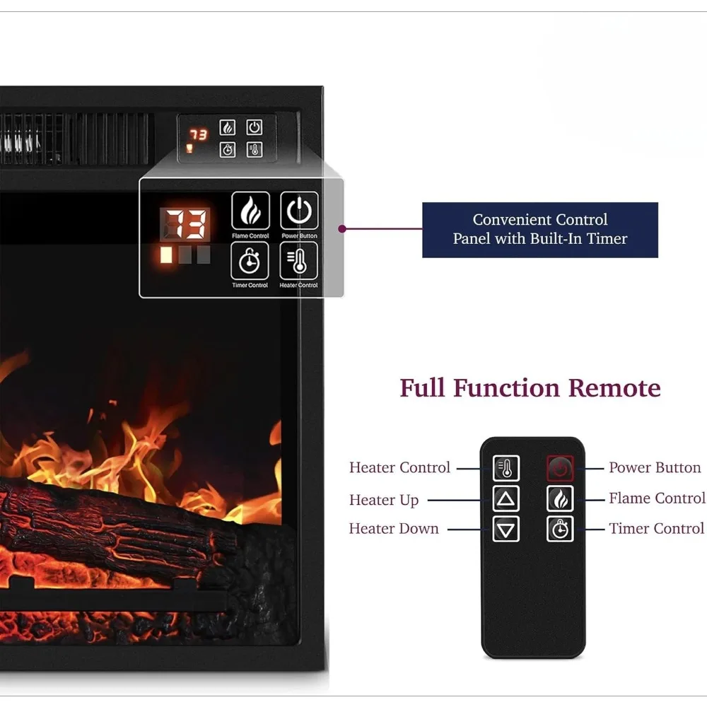 23 Inches Electric Fireplace Insert Heater, Realistic Adjustable Flames and Remote Control, Built-in Timer & Thermostat
