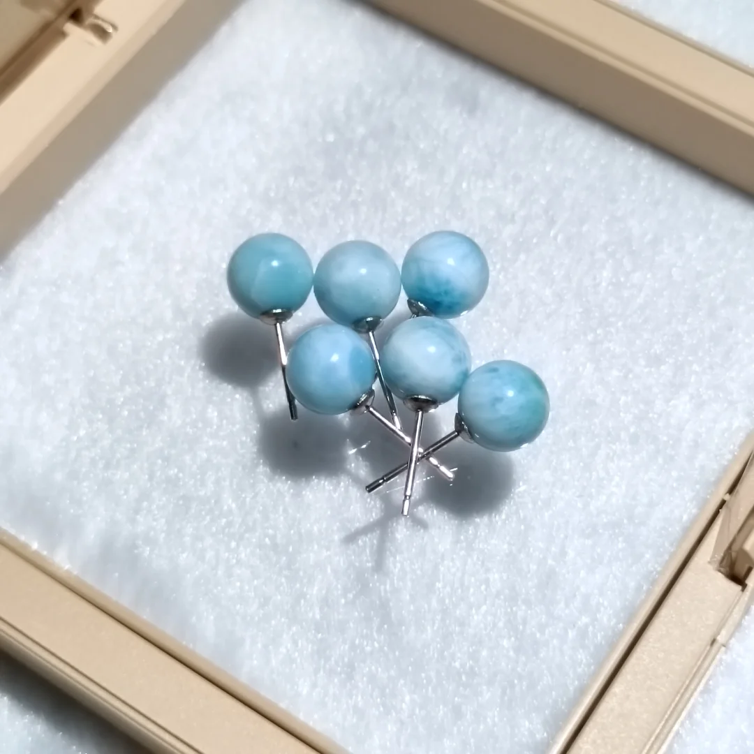 HUAYI wholesale simple Dominican nature Larimar ball Stud Earrings 925 Sterling silver rhodium Unisex fine Jewelry