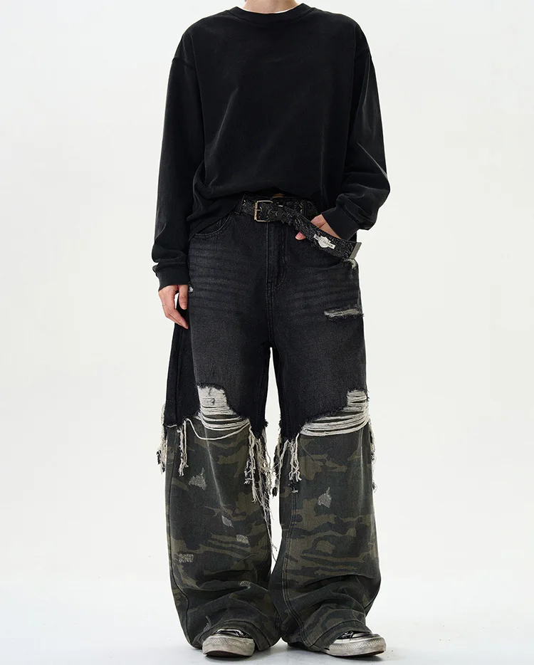 

American street design style faux two-piece jeans men and women loose casual camouflage patchwork pants trendy straight-leg pant