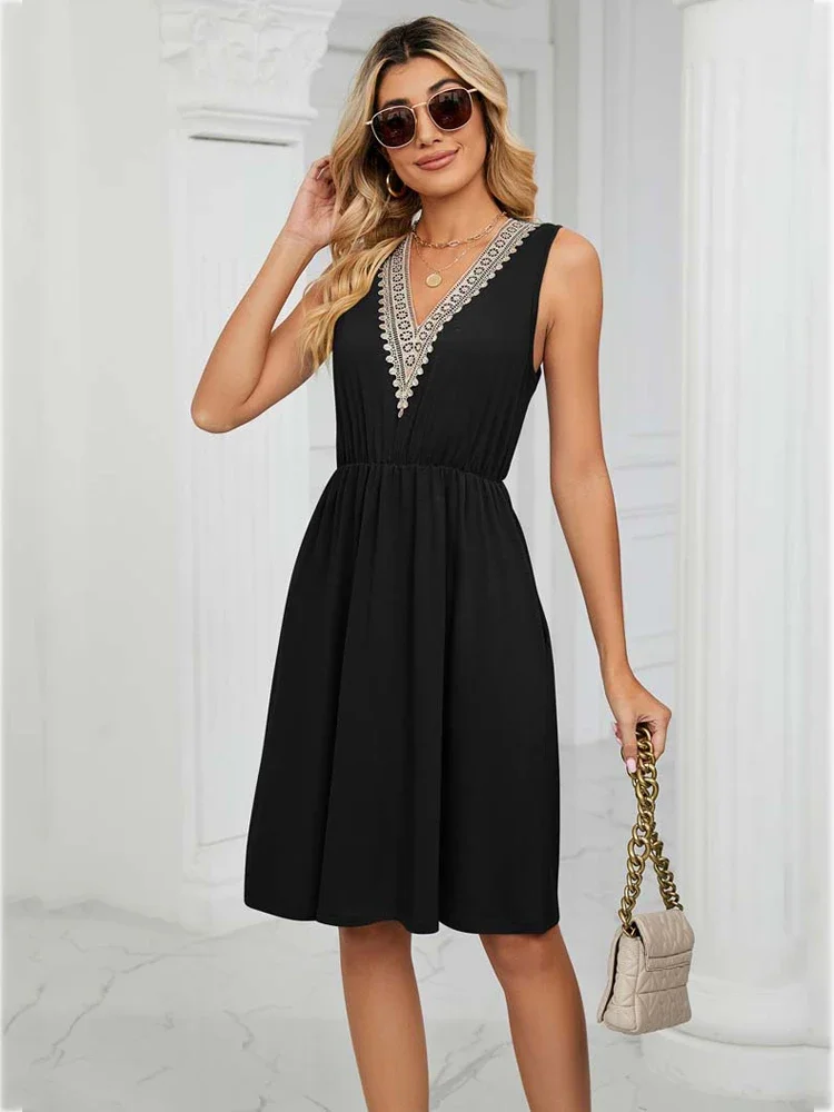 2024 Summer Black Sleeveless Dress Women V Neck Short Party Dress Female Pocket A Line Midi Lace Dresses Ladies Office Dress