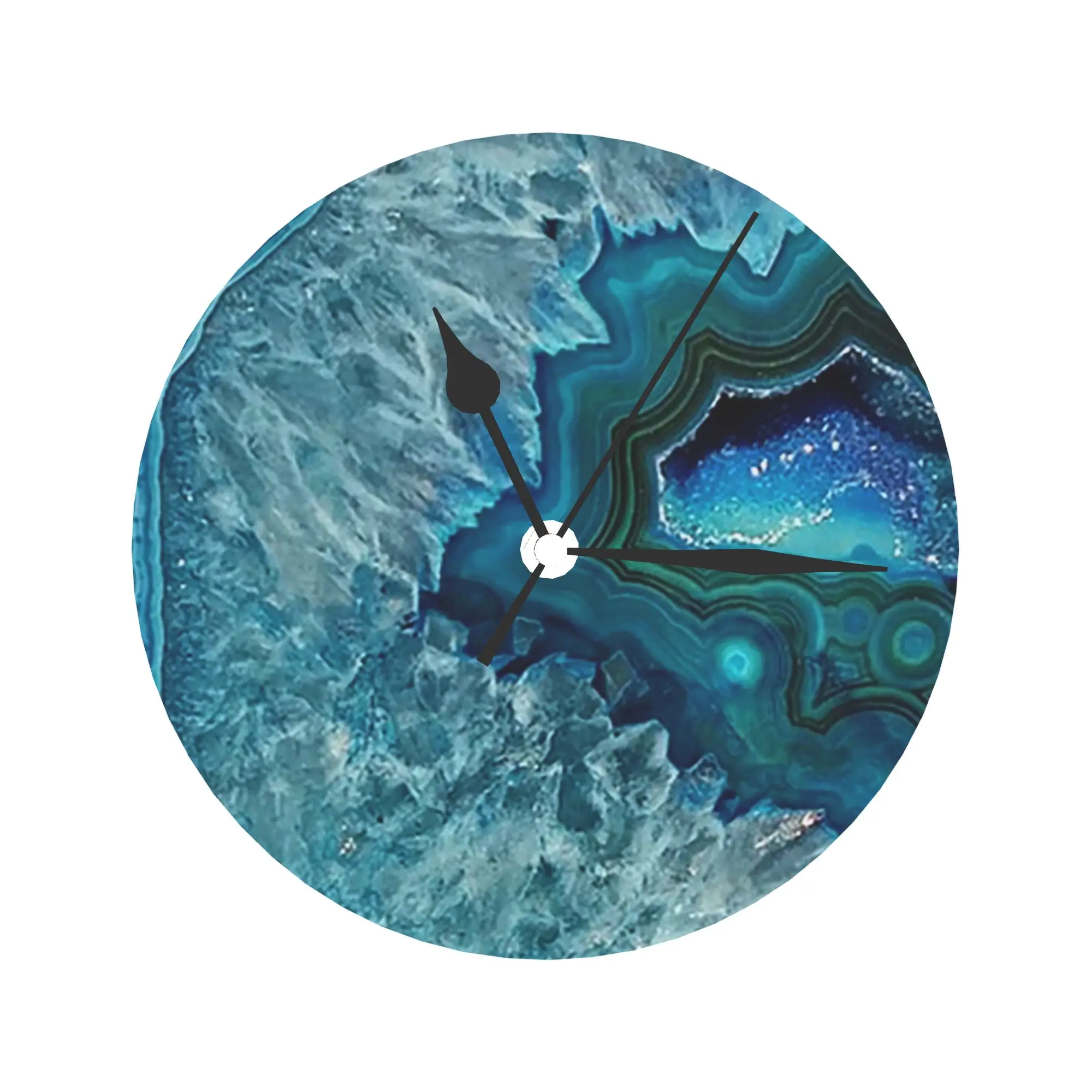 Teal Aqua Turquoise Blue Rock Agate Mineral Crystals Pattern Wall Clock Room Decoration Silent Round Clock for Bedroom Living