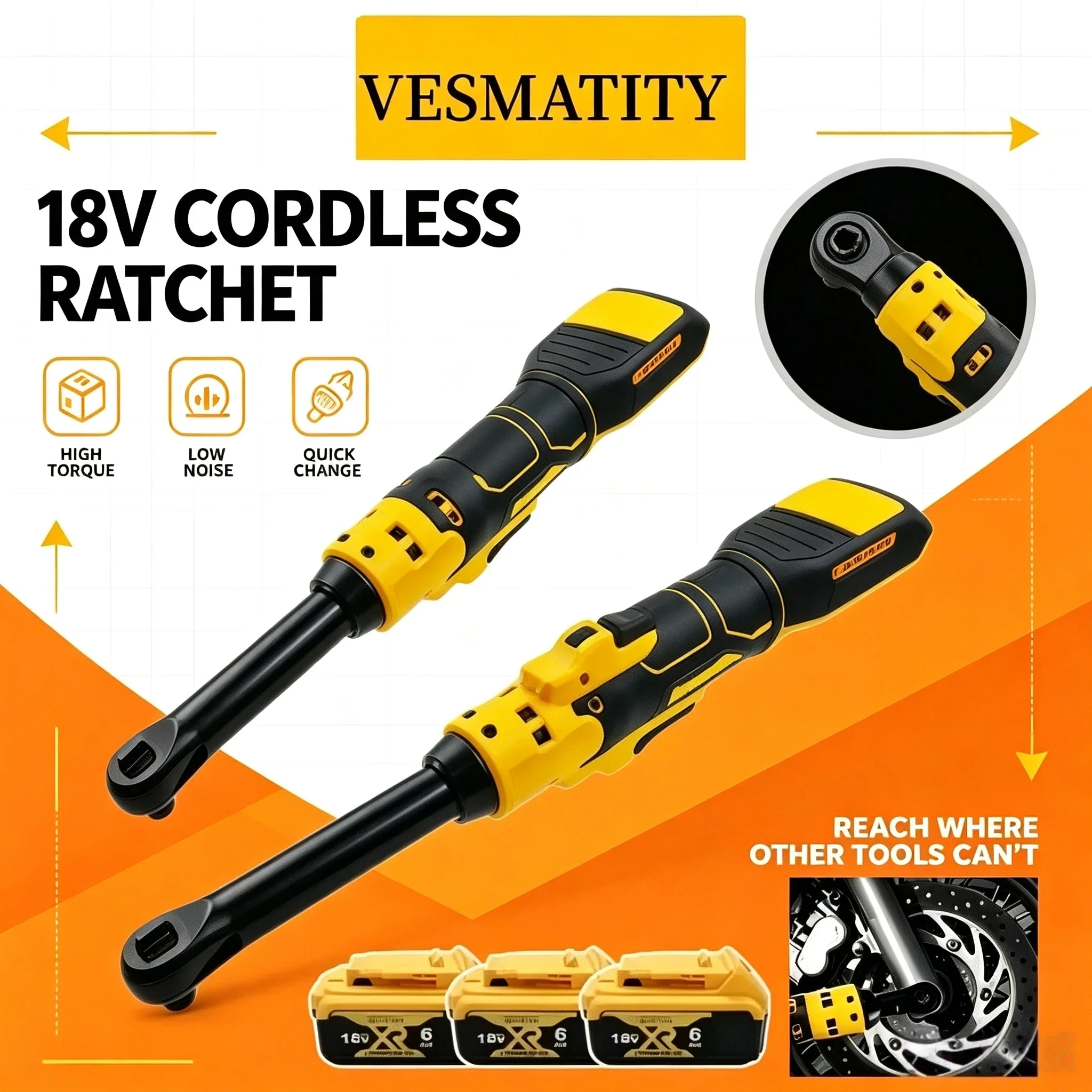 Vesmatity 220Nm Electric Ratchet Wrench 3/8 Inch 6 Inch Extension Head Disassembly Nut Cordless Tool 18V Battery Pro