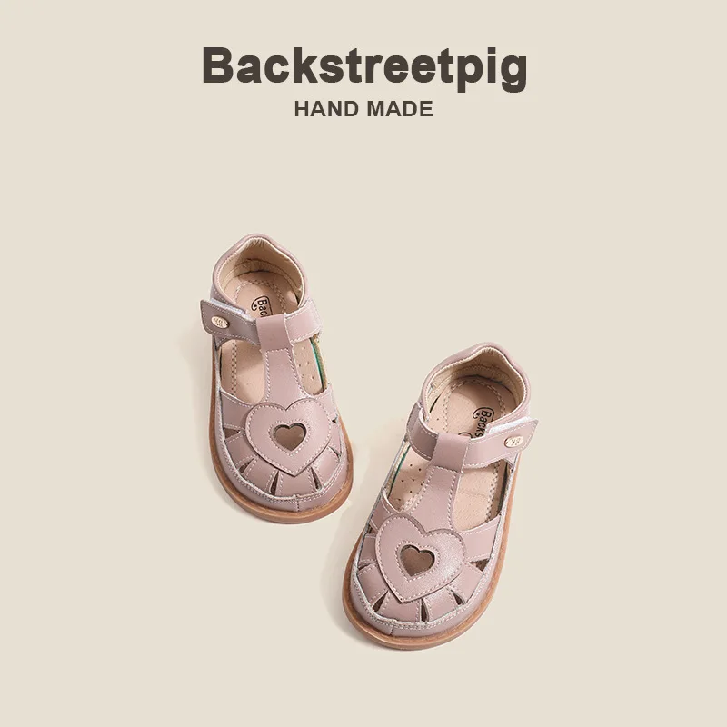 Girls Sandals 2024 Summer Fashion Love Breathable Leather Children's Sandals Baotou Non-slip Girls Beach Shoes Children's Shoes