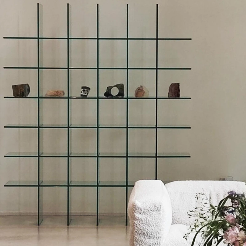Italian minimalist glass floor-to-ceiling bookshelf storage integrated shelf partition wall display shelf