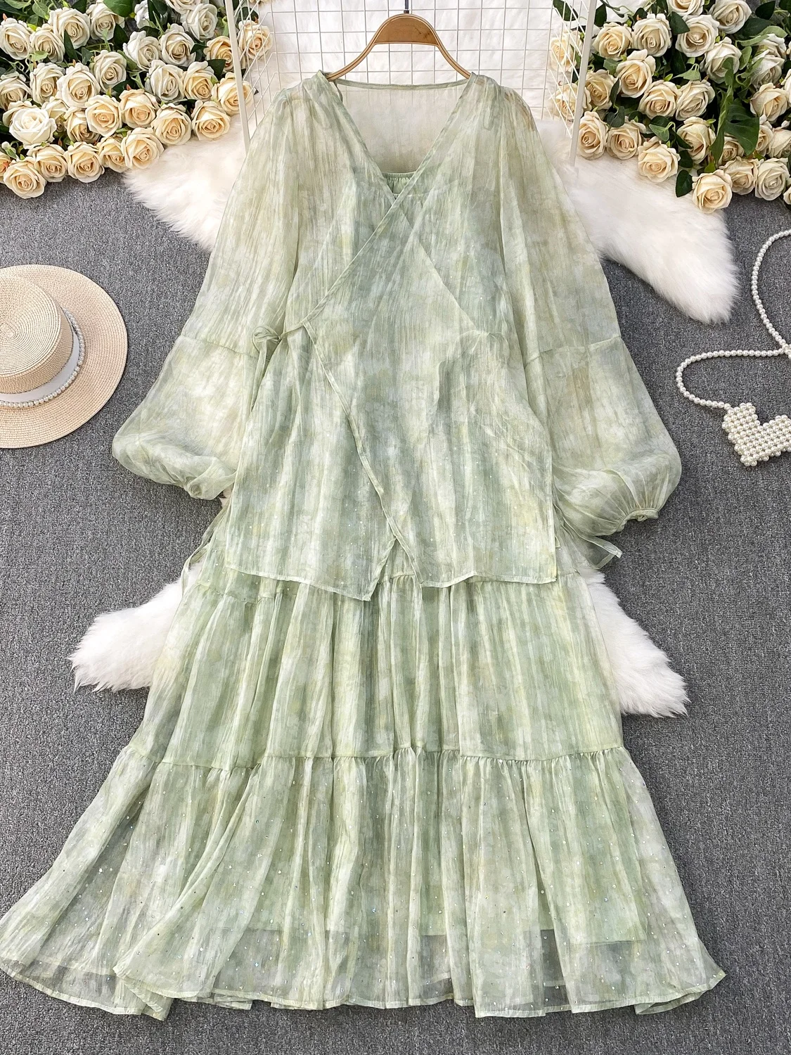 

Pink Floral Print Sun Protection Thin Chiffon Long Sve irt Set Age Reduction Sequin Strapl Dr Gentlewoman Sle