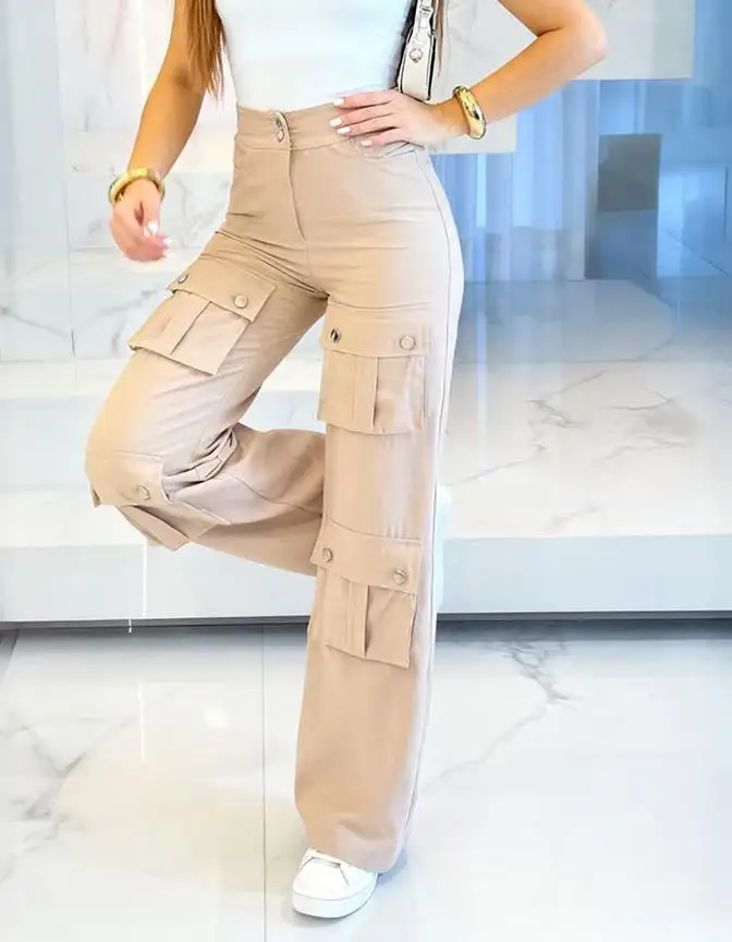 Large Pocket Elastic Waistband Wide Leg Pants Metal Buckle Workwear Comfortable Fit Trousers