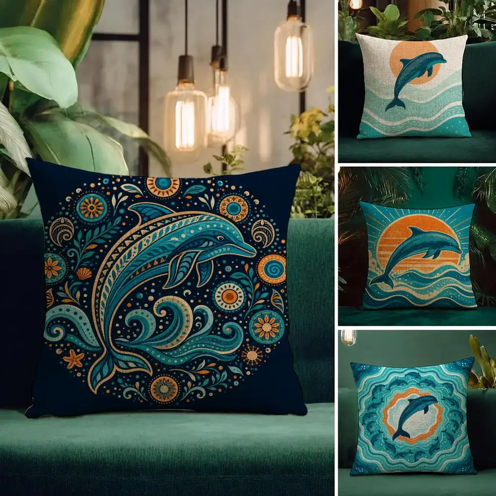 Animal Dolphin Cushion Cover Natural Linen Pillowcase Set Cushion Cover for Sofa Bedroom Chair