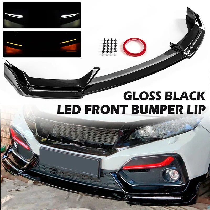 For Honda Civic Si Hatchback 2017 2018 2019 2020 2021 High Quality Gloss Black LED Front Bumper Lip With Llight Car Accessories