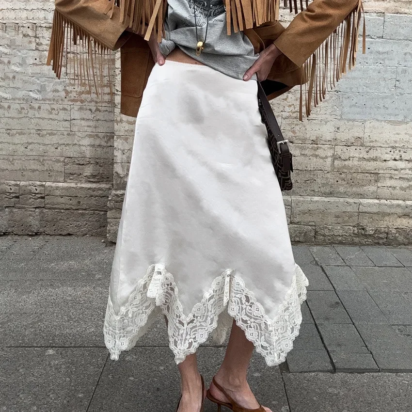 

2025 Fall Satin A-Line Skirt with Lace Hem Solid Color Mid Calf Length Elegant Dressy Casual Skirt for Women Office Wear