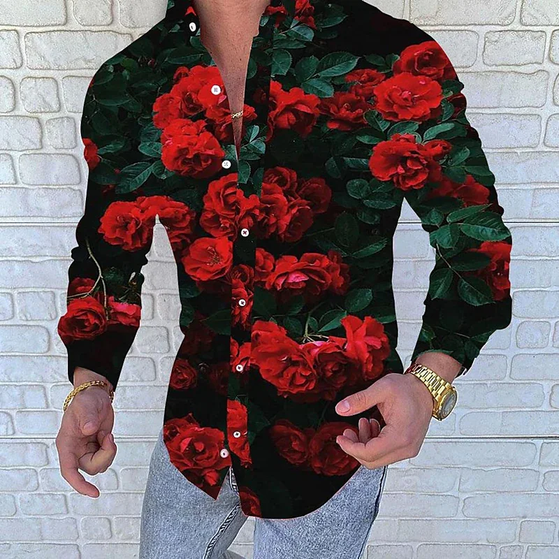 Men's Shirt Floral Pattern Blue Leprechaun Rose High Quality Printed Leaf Lapel Fashion Designer 2023 New Style Top Quality Tops