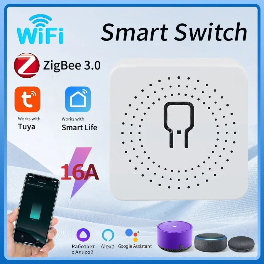 

Модуль мини-переключателя Tuya для умного дома, Wi-Fi/Zigbee, 16A/20A, мини-переключатель с двусторонним управлением, умная жизнь, работа с Alexa Google Alice
