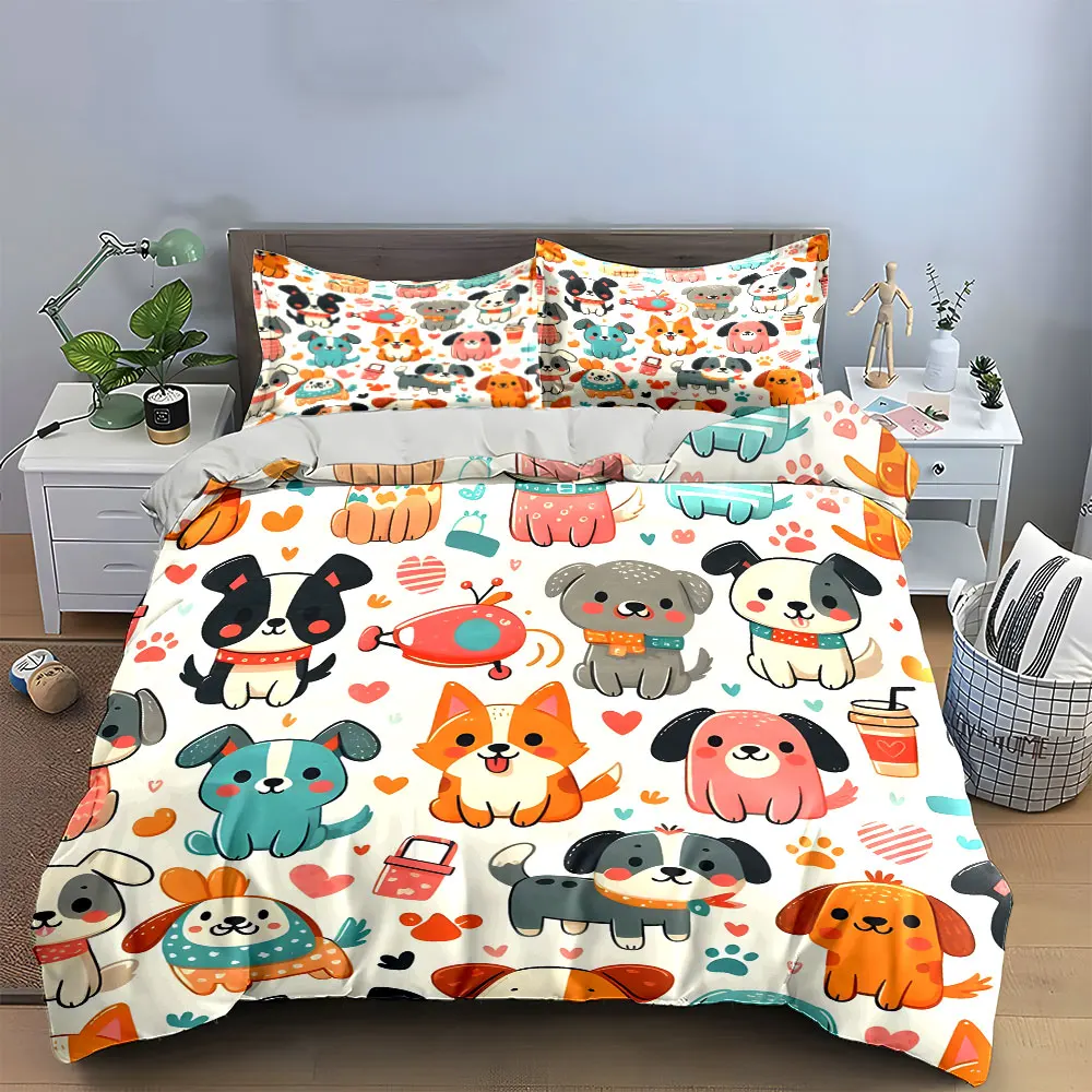 Kawaii Mixed Puppy Paw Print Duvet Cover Set, White Base Cartoon Dog Bedding Includes 1 Duvet Cover And 2 Pillowcase, Gift