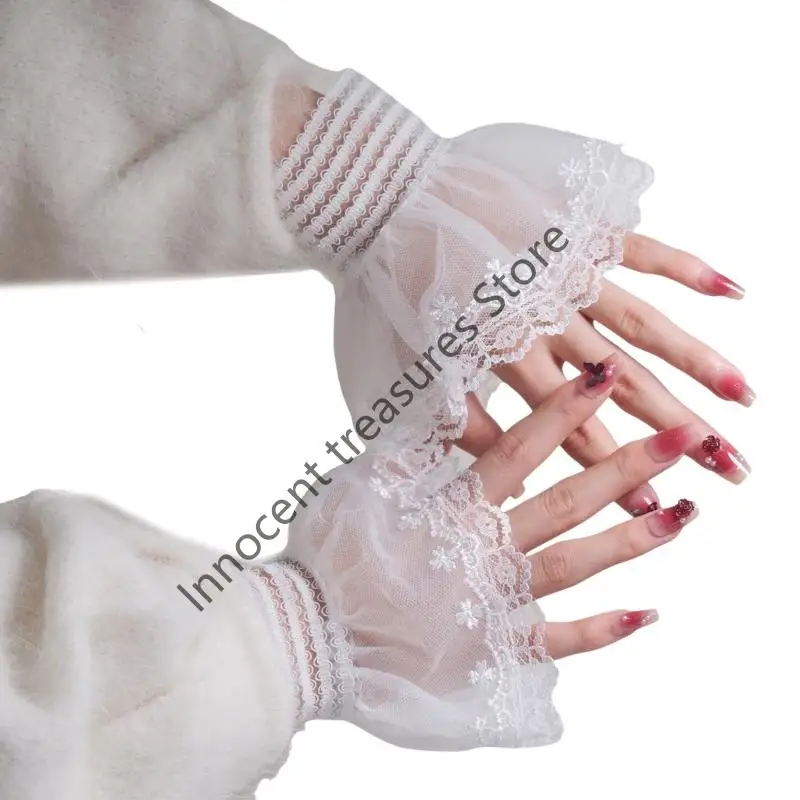 3XUA زوج واحد من أكمام الذراع بطبقة مزدوجة من الدانتيل المطرز بالزهور للنساء مناسبة مادة النايلون المريحة