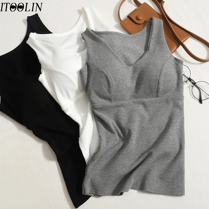 ITOOLIN Autumn Women Velvet Tank Tops With Bra Pad Winter Plush Thickened Warm Tank Tops For Women Elegant Sleeveless Tops