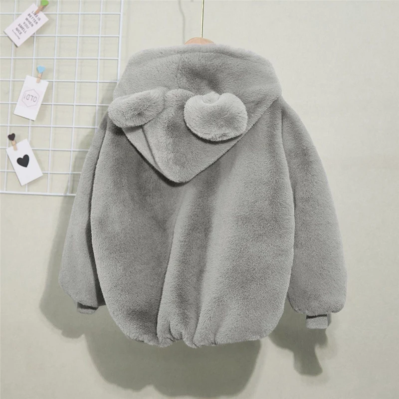 Cute Bear Plush Baby Boys Jacket New Autumn Winter Warm Faux Fur Coat For Girls Hooded Snowsuit Children Ouertwear Clothing 0-6Y