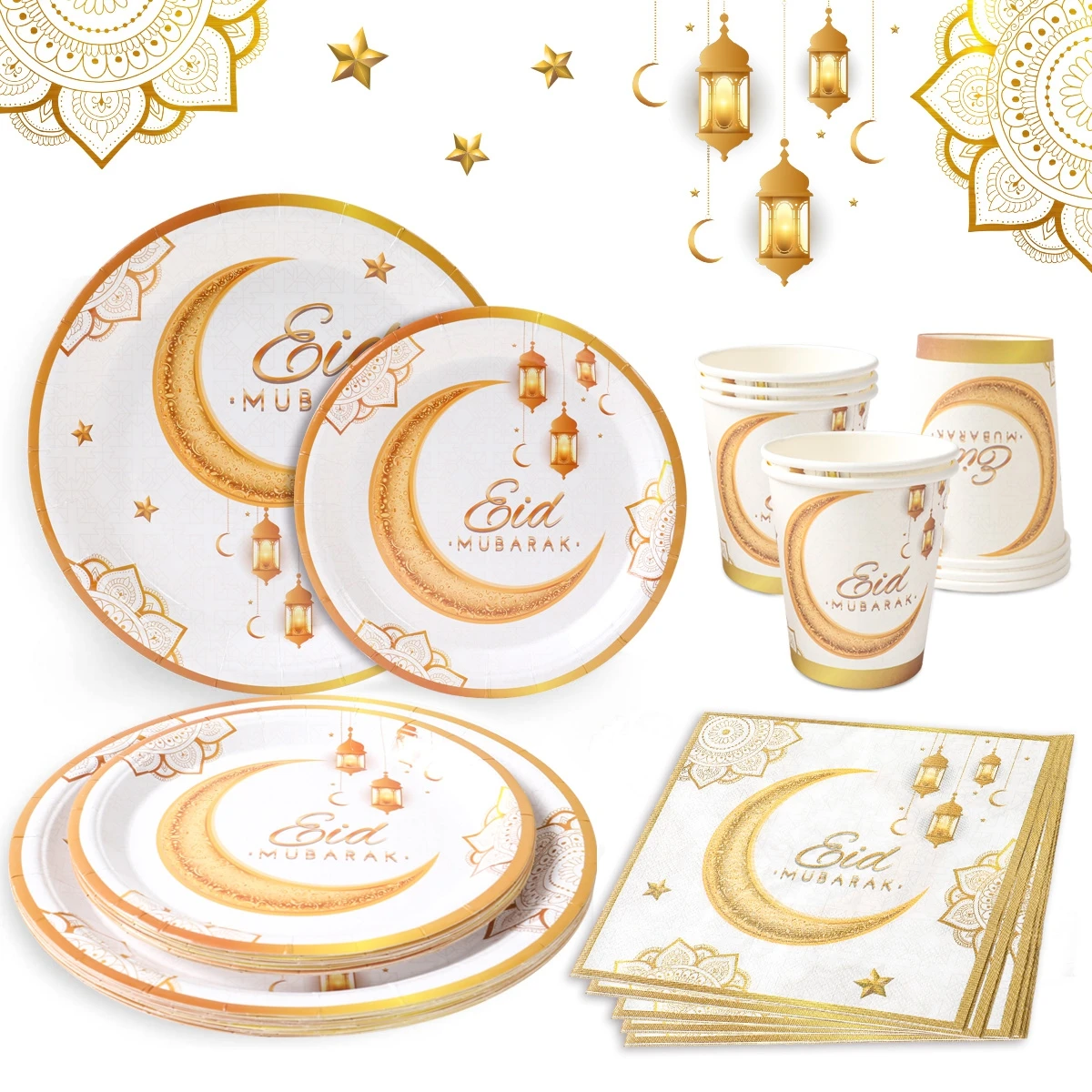 White Gold Eid Mubarak Party Disposable Tableware Muslim Masjid Plates Middle East Ramadan Kareem Eid Mubarak Party Supplies