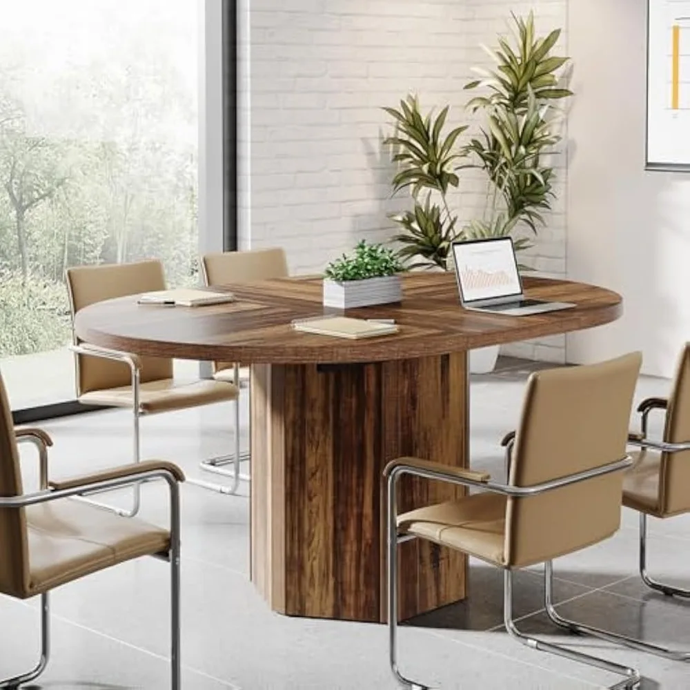 55.12 Inches Oval Conference Table, Rustic Wood Conference Meeting Room Table for 4-6 People, Small Seminar Table with Polygon