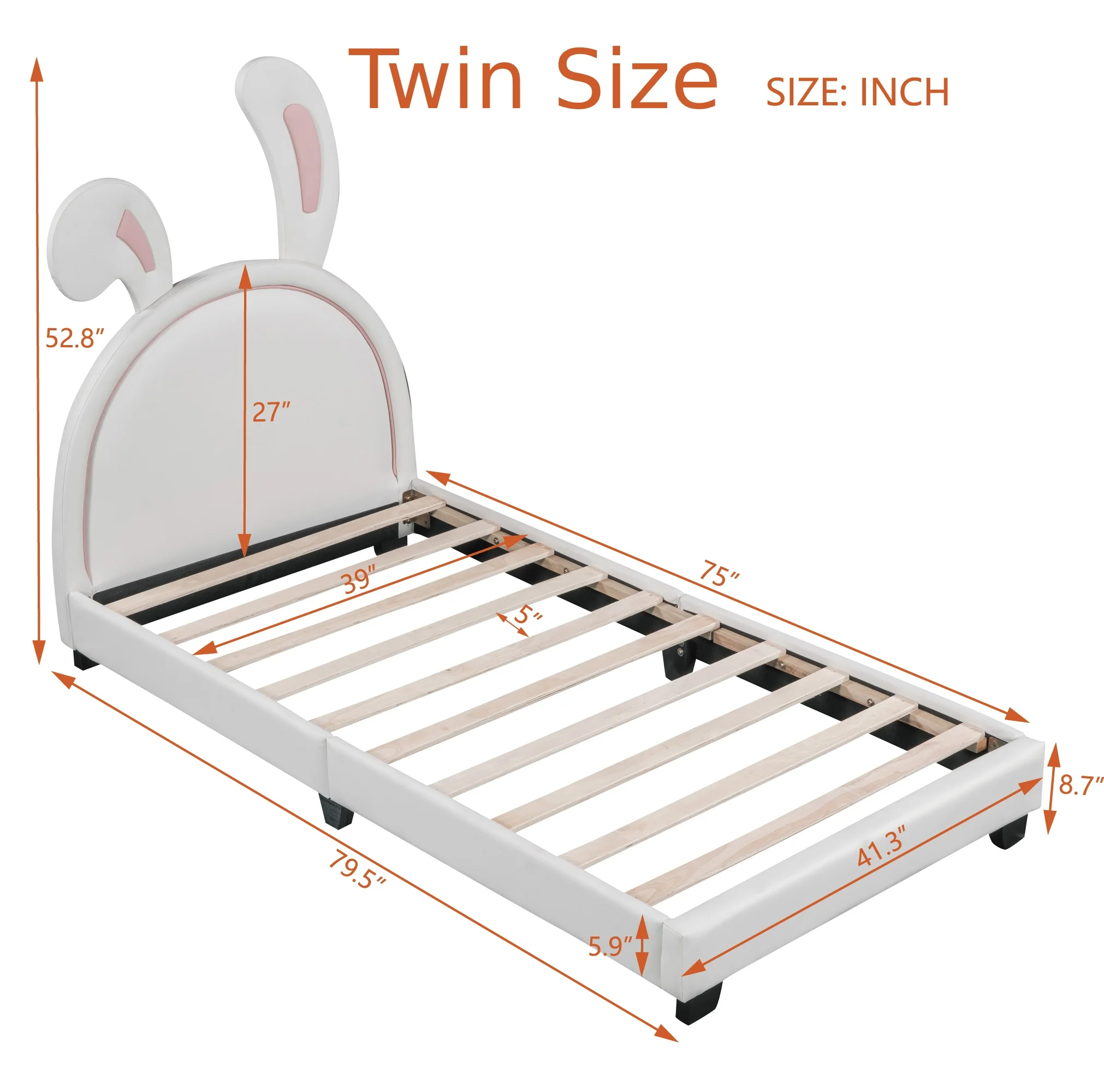 [Flash Sale]Full/Twin Size PU Upholstered Leather Platform Bed with Rabbit Ornament Headboard Pink/White/Gray[US-W]