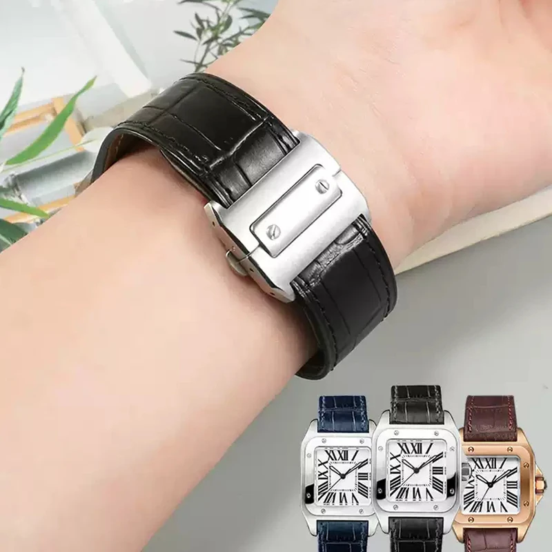 

Stainless Steel Butterfly Buckle Watchbands for Cartier Santos 100 Genuine Leather Waterproof Sweatproof 20mm 23mm Watch Strap