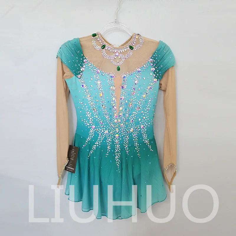 LIUHUO Ice Figure Skating Dress Girls Women Teens Stretchy Spandex Green Gradient Competition Wholesale