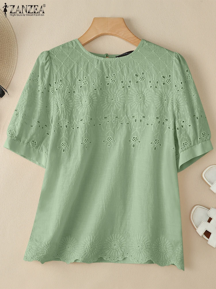 2025 ZANZEA الصيف الدانتيل الكروشيه قمصان المرأة أنيقة العمل بلوزة عادية س الرقبة قصيرة الأكمام عطلة Blusas المرقعة القمم تونك