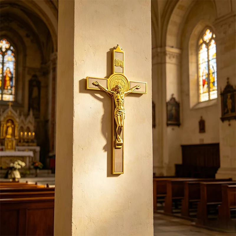 Gold Plated Wall Crucifix with Saint Benedict Medal & Jesus Corpus for Catholic Christian Church Altar Prayer Room Religious