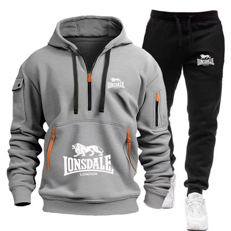 LONSDALE Men's Kangaroo Pocket Hoodie Set 2026 New Autumn Winter Fleece Sweatshirt + Sports Pants 2 Piece Tracksuit Casual Fitne view 6
