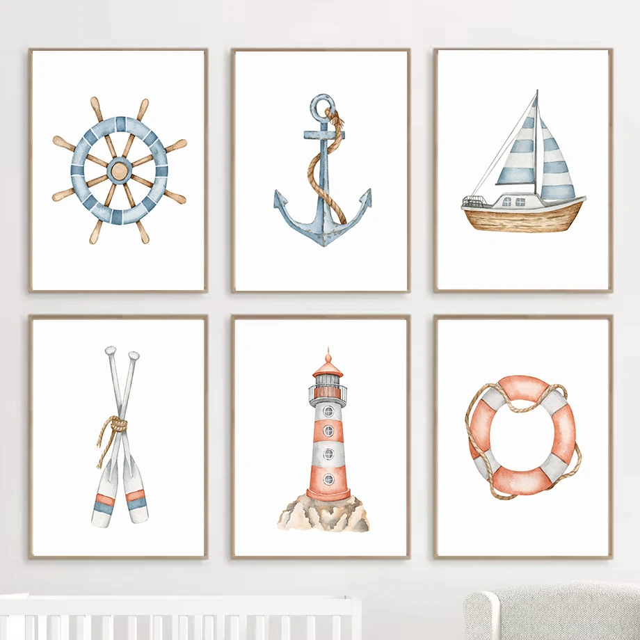 (1PC Unframe)Sailboat Lighthouse Anchor Astronaut Moon Earth Posters and Prints Canvas Painting Nordic Wall Art Kids Room Nurser