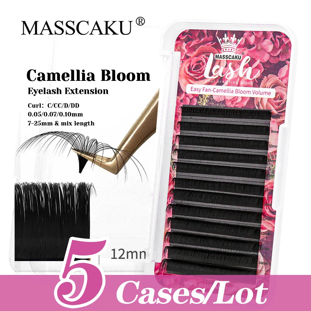 12 Rows MASSCAKU 5cases/lot C/CC/D/DD Curl Rapid Blooming Eyelash Individual Natural Automatic Fanning Lashes with Rich Styling