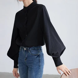 Lantern Sleeve Women Black Shirts Korean Retro Casual Loose Long Sleeve Tops Y2K Fashion All Match Office Ladies Blouse