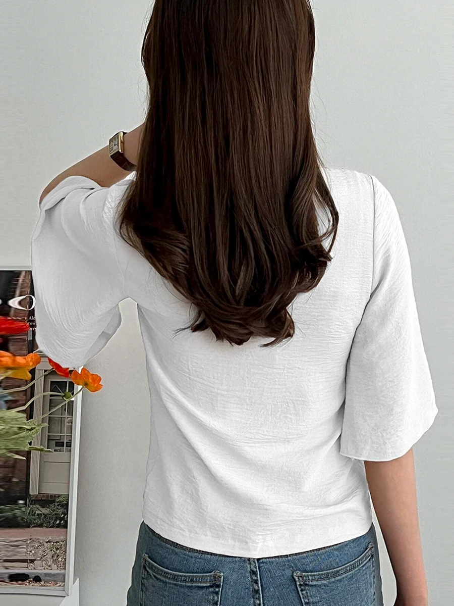 Mugen Plus Size Women Clothing Short Sleeves Blouse Solid Color Elegant Female Blouse V Neck Shirt Pleated 2024 New Fashion New