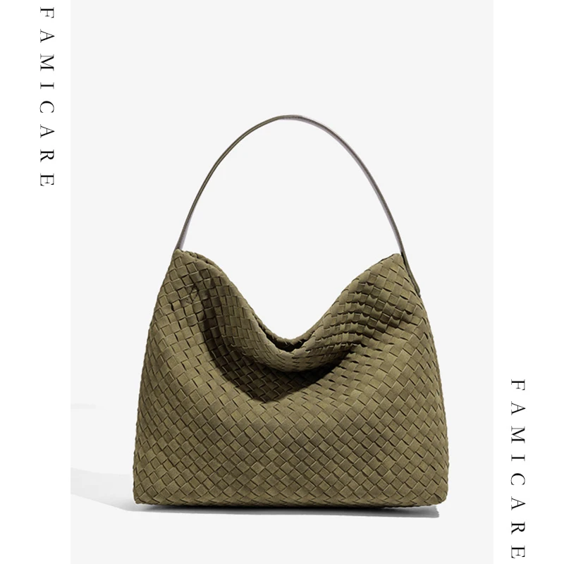 

2025 New Woven Spacious Tote Underarm Shoulder Crossbody Bag Women European Style Vintage Commuting Faux Suede Leather Handbag