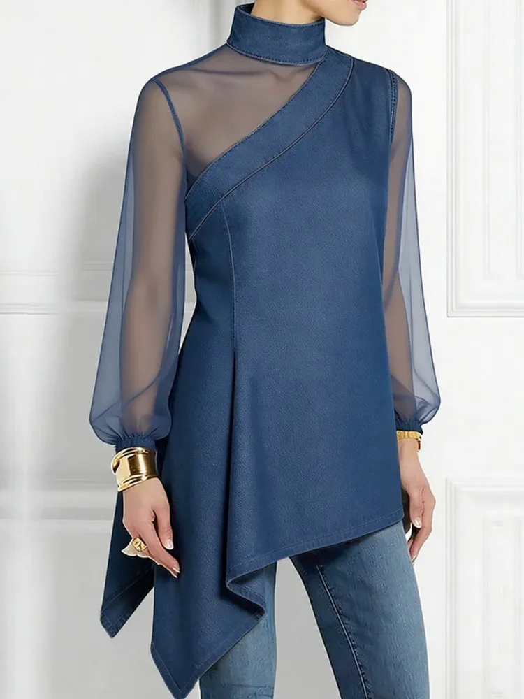 

UOOZEE Women's Imitation Denim Sheer Mesh Blouses 2026 New Fashion Asymmetric Hem Stand Collar Casual Trendy Patchwork Tops