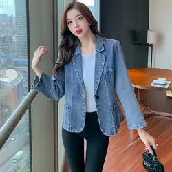 2024 autunno New Fashion denim Suit giacca donna tasche temperamento jeans sottili cappotto Blazer femminile top allentato Outwear marea T266