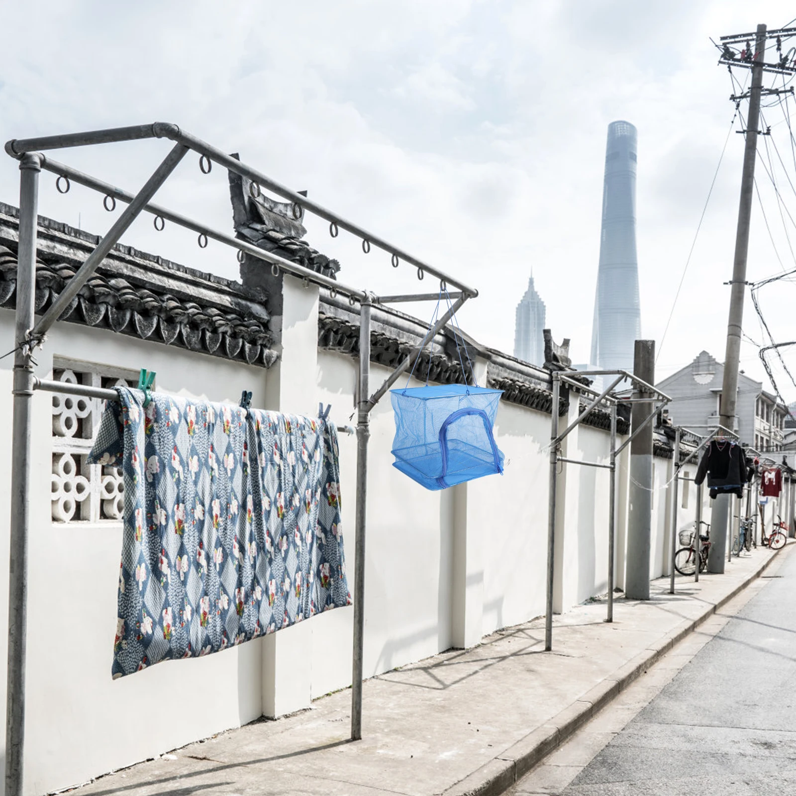 

Drying Net Foldable Tower Dryer Hanger Breathable Mesh Elastic Storage Bag Zipper Steel Wire Ring Fish Shrimp Vegetable Fruits