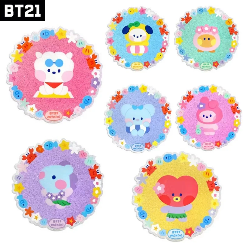 New Bt21 Anime Kawaii Cooky Sparkling Powder Acrylic Coaster Anti-Slip Round Cup Pad Dining Table Placemat Cafe Decor Mug Mats