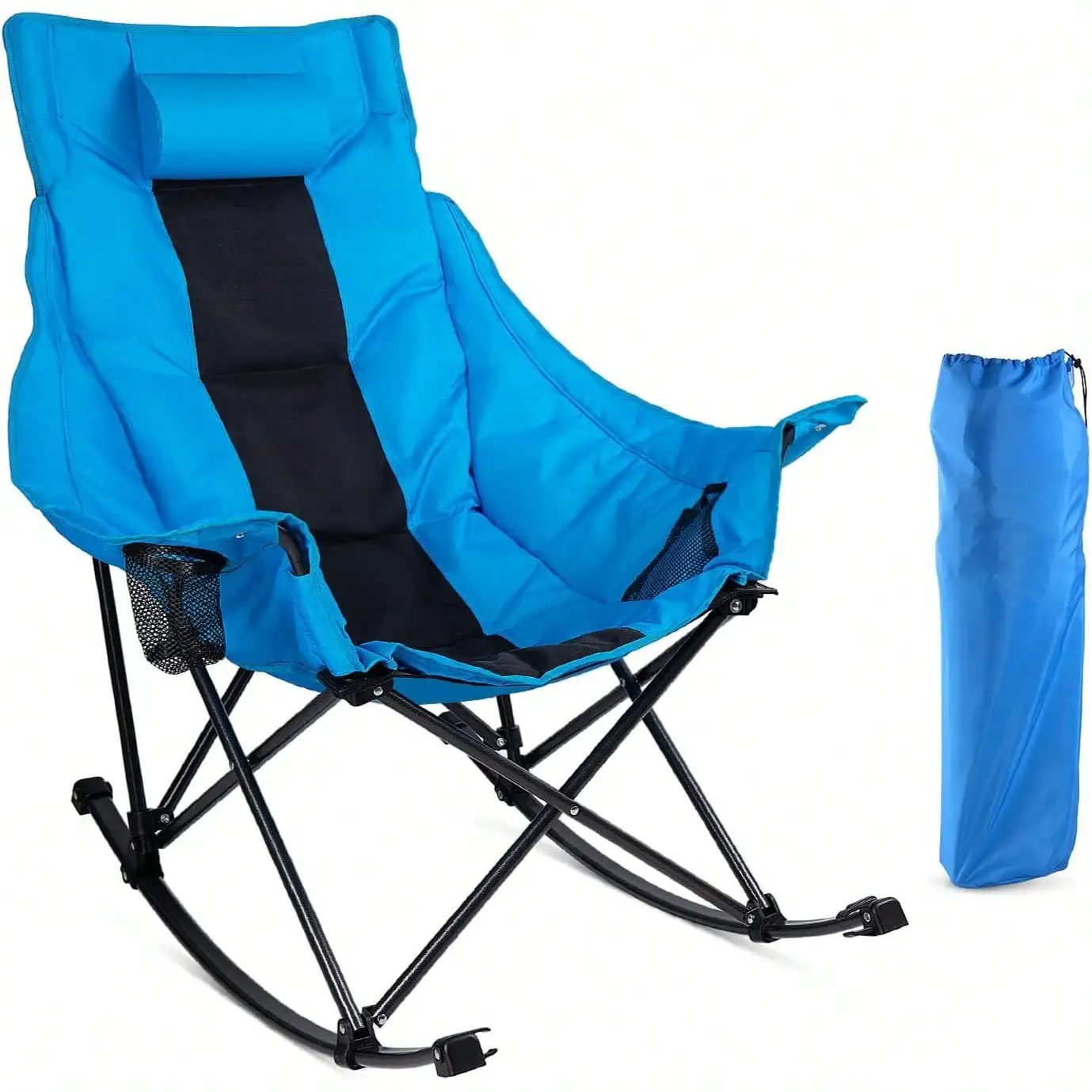 Outdoor Folding Rocking Camping Chair For Adults – Portable Oversized Heavy Duty Design With Built-In Cup Holder, Cooler Bag & Side Pocket, Ideal For Camping, Lawn & Outdoor Use