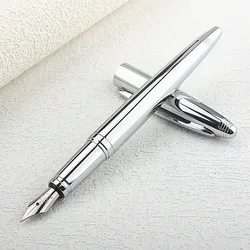 Metal Stainless Steel Fountain Pen Fine Nib 0.5mm Bright Silver Excellent Writing Gift Ink Pen for Business Office Home
