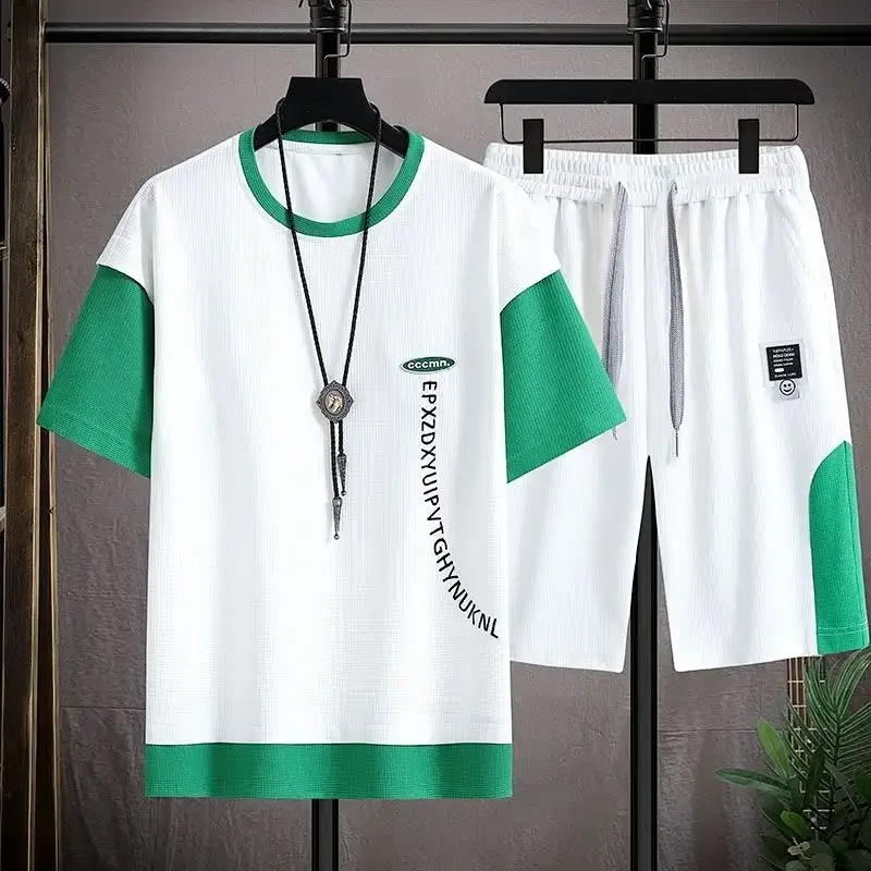 

Teen Men Summer Waffle Knit Color Block 2Pcs Set Letter Print Tee Drawstring Casual Shorts