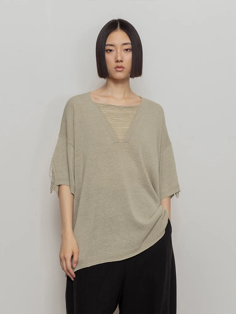 

Новый летний женский трикотажный топ свободного кроя с V-образным вырезом и ажурными вставками для повседневной носки и работы, модель 322