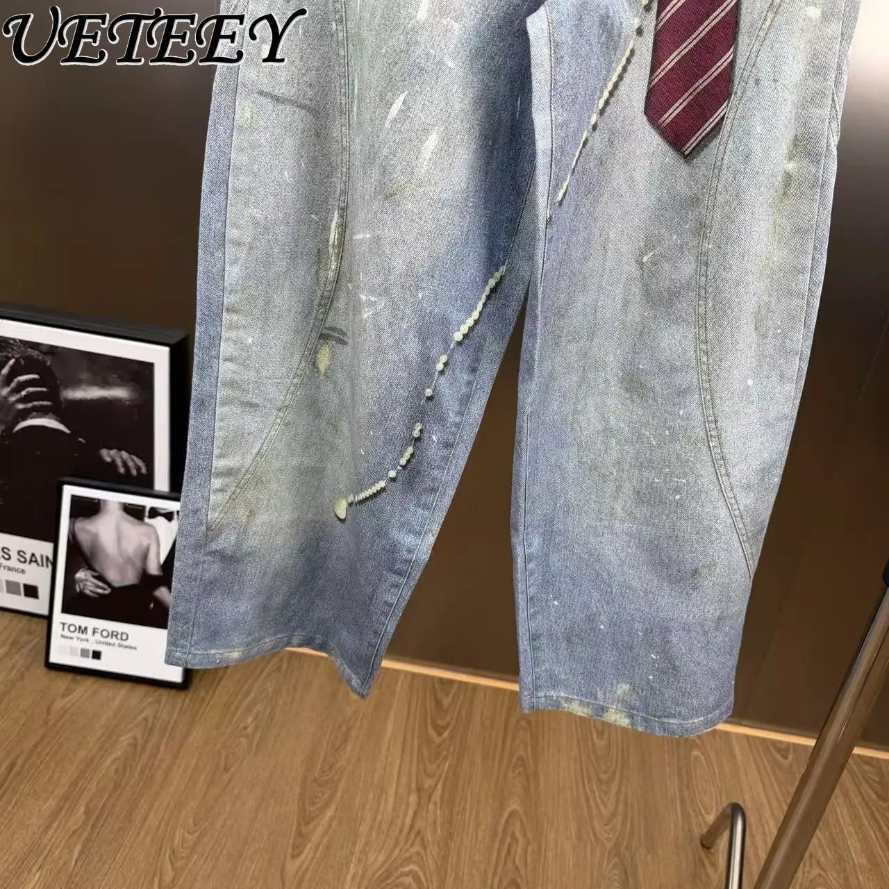 2026 ربيع متعدد الاستخدامات موضة ريترو طباعة عالية الخصر جينز فضفاض نمط الشارع غسلها خمر الحبر سبلاش واسعة الساق الدنيم السراويل #4