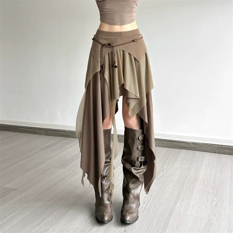 Goth Dark 90s Vintage Bottoms Cyber Y2K Multi-Layer Irregular Hem Skirt Mesh Stitch Women Streetwear Punk Fashion Split Skirts