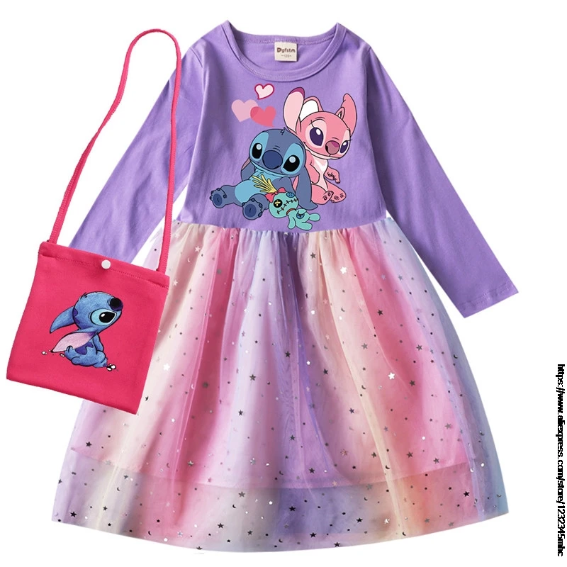 Disney Stitch Girls Long Sleeve Dress And Bag Kids Cosplay Dresses Princess Party Dresse Costume Baby Children Clothing