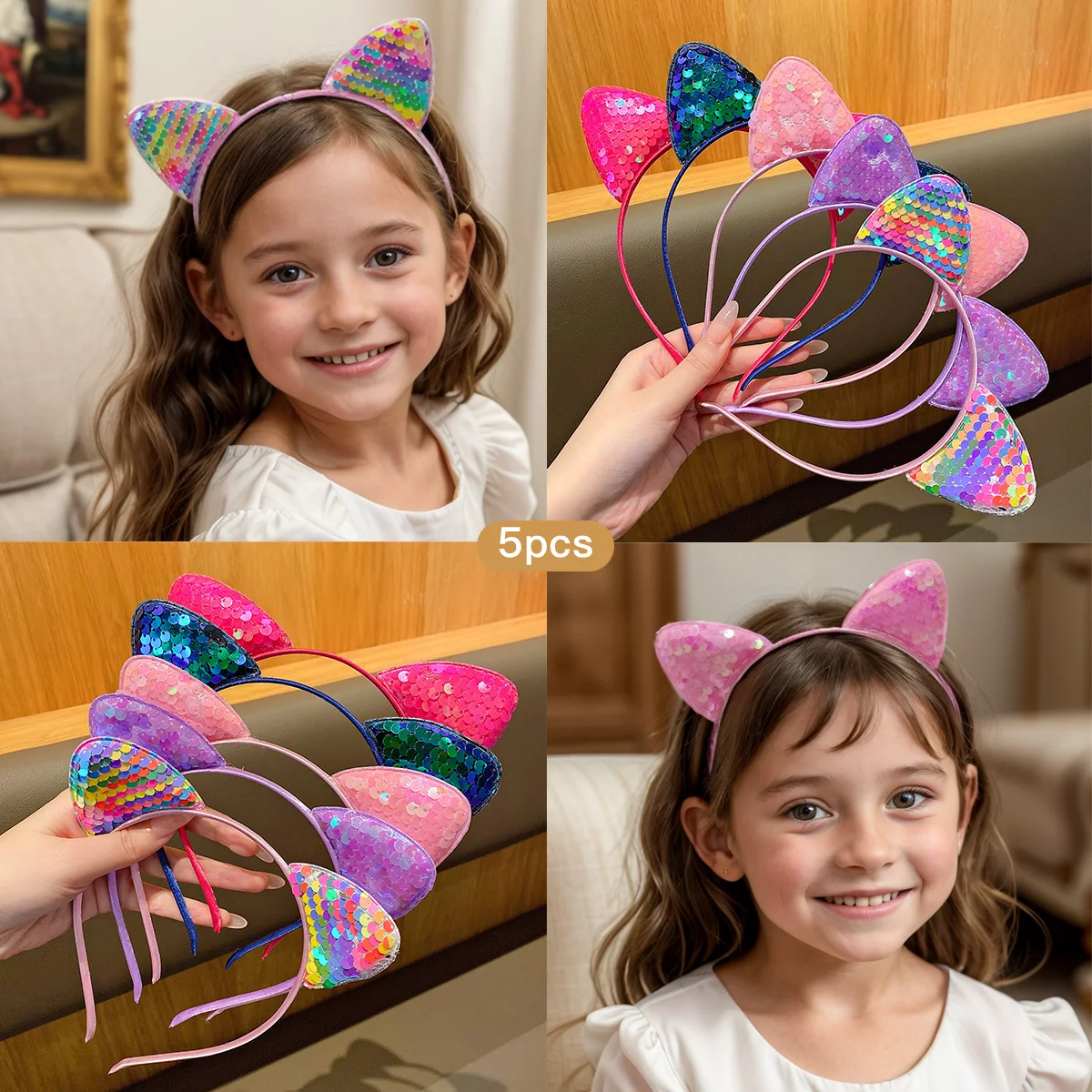 

5 cute color sequins Cat's ears (Steamed cat-ear shaped bread) headband Sweet hair clip for daily use