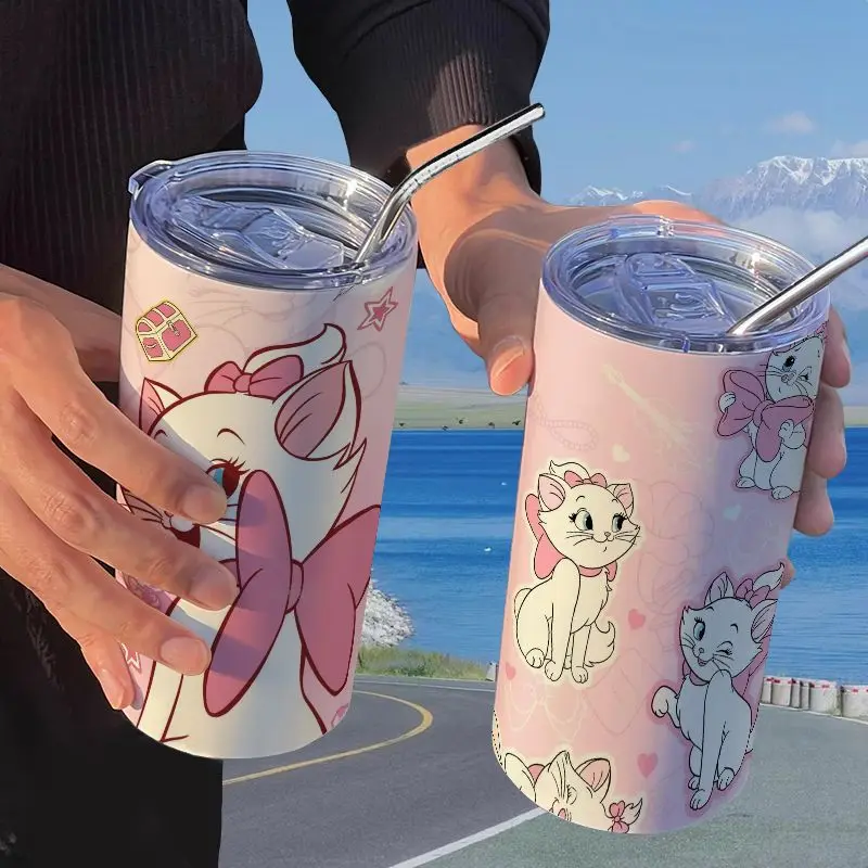 Disney Marie Cartoon Girl Heart Stainless Steel Insulated Straw Coffee Cup Student Portable High-Looking Cup Best Friend Gift